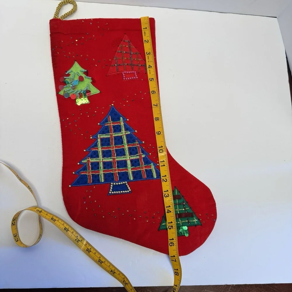 Vintage Christmas Stocking Red Embellished Trees Embroidery‎ Beaded